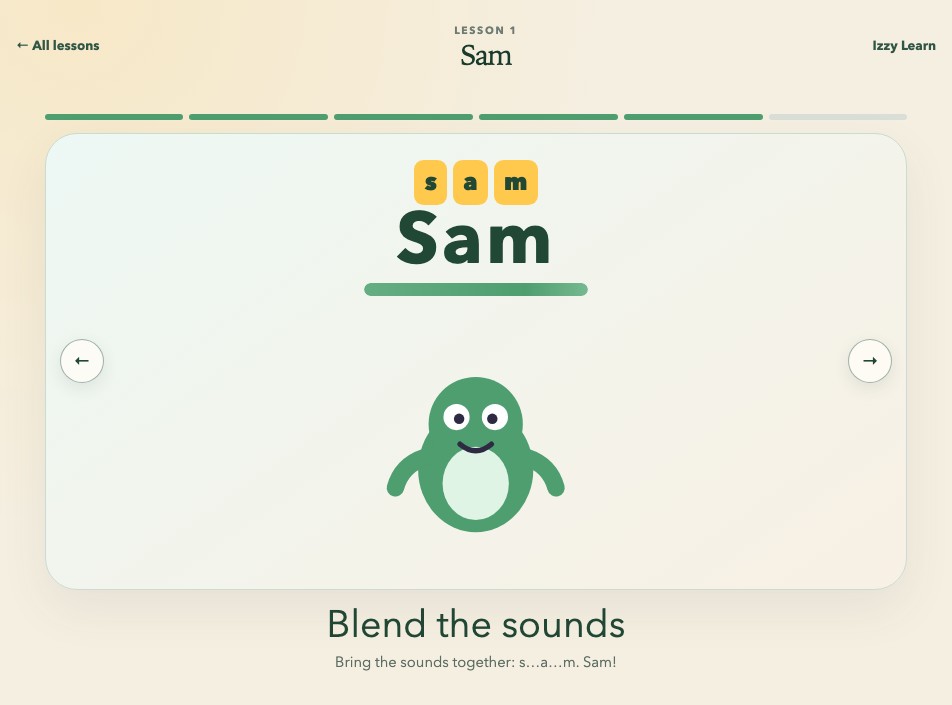 Current Sam lesson showing s, a, and m tiles blending into Sam above the smiling character